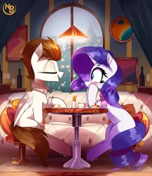 Size: 3669x4247 | Tagged: safe, artist:nevobaster, derpibooru import, rarity, oc, oc:rml, pegasus, pony, unicorn, alcohol, city, clothes, eating, eyes closed, female, food, image, makeup, male, mare, pillow, png, restaurant, romantic, scarf, snow, snowfall, stallion, tail, talking, window, wine, wings