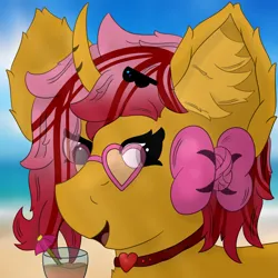 Size: 3000x3000 | Tagged: safe, artist:spiroudada, derpibooru import, oc, oc:dolly hooves, unofficial characters only, pony, unicorn, alcohol, beach, bow, bust, cocktail, cute, drink, glasses, image, png, portrait, profile picture, smiling, summer