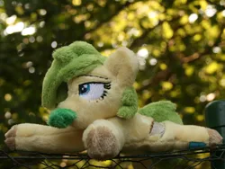 Size: 2260x1695 | Tagged: safe, artist:bastler, derpibooru import, oc, oc:nettle vienna, unofficial characters only, earth pony, pony, female, image, irl, jpeg, leaves, mare, photo, plushie, solo