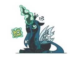 Size: 1800x1350 | Tagged: safe, artist:flutterluv, derpibooru import, queen chrysalis, changeling, changeling queen, cheese, confused, eyebrows, female, food, image, lying down, magic, png, prone, question mark, raised eyebrow, simple background, solo, telekinesis, transparent background