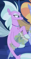 Size: 550x1045 | Tagged: safe, derpibooru import, screencap, seapony (g4), surf and/or turf, blue mane, bongos, bubble, cropped, dorsal fin, eyeshadow, female, female focus, fin, fin wings, fins, fish tail, flowing tail, g4, green eyes, image, jewelry, lidded eyes, makeup, male, musical instrument, necklace, ocean, offscreen character, orchid breeze, png, seaquestria, seashell, seaweed, smiling, solo focus, tail, tail fin, underwater, water, wind storm, wings
