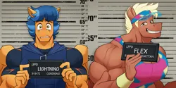 Size: 2275x1138 | Tagged: safe, artist:ponyanony, derpibooru import, oc, oc:flex, oc:lightning rider, unofficial characters only, anthro, pegasus, pony, anthro oc, barbie mugshot meme, biceps, clothes, deltoids, duo, hoodie, image, male, meme, mugshot, muscles, muscular male, pegasus oc, png, smug, stallion, tight clothing, wings