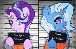 Size: 2048x1322 | Tagged: safe, artist:shelti, derpibooru import, starlight glimmer, trixie, pony, unicorn, barbie mugshot meme, clothes, commissioner:rainbowdash69, cuffed, duo, horn, horn ring, image, jewelry, jpeg, magic suppression, meme, mugshot, never doubt rainbowdash69's involvement, prison outfit, ring