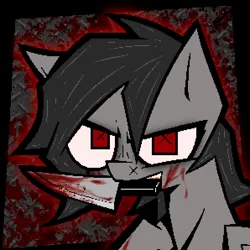 Size: 596x596 | Tagged: semi-grimdark, artist:xxv4mp_g4z3rxx, derpibooru import, oc, oc:hex rhodes, pegasus, pony, blood, blood splatter, gray coat, headshot commission, image, knife, looking at you, png, red eyes, smiling