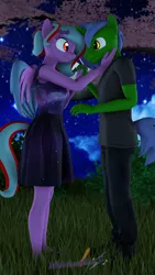 Size: 2160x3840 | Tagged: safe, artist:melodiousmarci, derpibooru import, oc, oc:omega(phosphorshy), oc:star beats, anthro, pegasus, unicorn, 3d, bush, cloud, grass, holding hands, image, looking at each other, looking at someone, looking into each others eyes, melodiousphosphor, night, oc x oc, png, shipping, source filmmaker, stars, tree