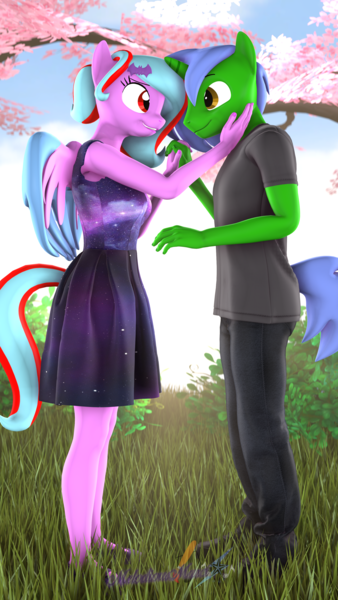 Size: 2160x3840 | Tagged: safe, alternate version, artist:melodiousmarci, derpibooru import, oc, oc:omega(phosphorshy), oc:star beats, anthro, pegasus, unicorn, 3d, bush, cloud, day, grass, holding hands, image, looking at each other, looking at someone, looking into each others eyes, melodiousphosphor, oc x oc, png, shipping, source filmmaker, sunlight, tree