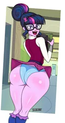 Size: 2000x3800 | Tagged: suggestive, artist:jose12mexico, derpibooru import, sci-twi, twilight sparkle, equestria girls, book, butt, butt blush, clothes, female, glasses, image, indoors, looking at you, looking back, looking back at you, panties, png, skirt, smiling, solo, solo female, twibutt, underwear, upskirt