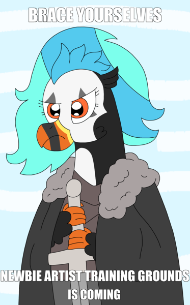Size: 1949x3133 | Tagged: safe, artist:supahdonarudo, derpibooru import, oc, oc:icebeak, unofficial characters only, hippogriff, caption, clothes, coat, game of thrones, holding, image, image macro, meme, newbie artist training grounds, png, ponified meme, simple background, sword, text, weapon, winter is coming