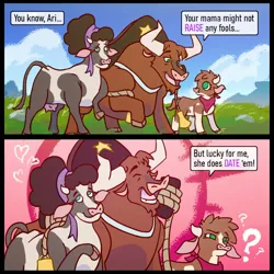 Size: 1000x1000 | Tagged: safe, artist:tfhtrivia, derpibooru import, bull, cow, them's fightin' herds, 2 panel comic, 2koma, arizona (tfh), comic, community related, confused, cute, dialogue, female, husband and wife, image, jpeg, male, minnesota (tfh), parent and child, question mark, texas (tfh), trio