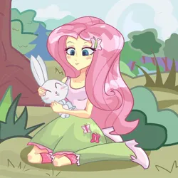 Size: 1000x1000 | Tagged: safe, artist:naelikes2meow, derpibooru import, angel bunny, fluttershy, rabbit, equestria girls, animal, clothes, female, image, jpeg, outdoors, skirt, solo