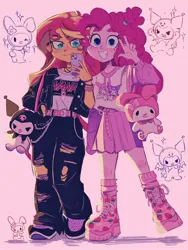 Size: 1536x2048 | Tagged: safe, artist:dreamz, derpibooru import, pinkie pie, sunset shimmer, rabbit, equestria girls, animal, clothes, duo, ear piercing, female, harajuku, image, jpeg, kuromi, mobile phone, my melody, pants, peace sign, phone, piercing, pink background, platform boots, ripped pants, sanrio, simple background, sparkles, torn clothes