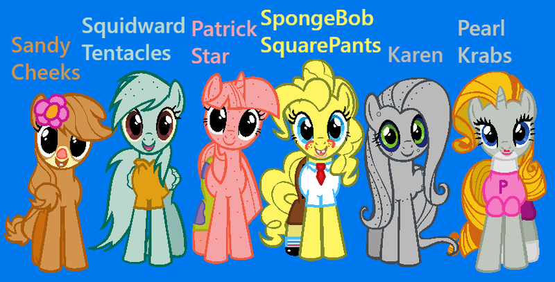 Size: 857x436 | Tagged: safe, artist:thefunneverendsabouteverything, derpibooru import, applejack, fluttershy, pinkie pie, rainbow dash, rarity, twilight sparkle, ponified, earth pony, pegasus, pony, unicorn, crossover, female, g4, image, karen, mane six, mare, patrick star, pearl krabs, png, recolor, sandy cheeks, spongebob squarepants, spongebob squarepants (character), squidward tentacles