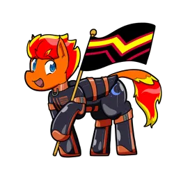 Size: 736x736 | Tagged: safe, artist:defilerzero, derpibooru import, oc, oc:fireheart(fire), commission, fireheart76's latex suit design, flag, image, latex, latex suit, png, pride, pride flag, pride month, prisoners of the moon, rubber, rubber suit, solo, ych result