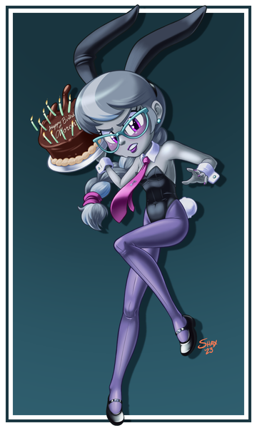 Size: 900x1500 | Tagged: safe, artist:shaxbert, derpibooru import, silver spoon, human, equestria girls, birthday cake, bunny ears, bunny suit, cake, choker, clothes, cuffs (clothes), food, glasses, gradient background, high heels, image, leotard, lipstick, older, older silver spoon, playboy bunny, playboy bunny silver spoon, png, shoes, solo