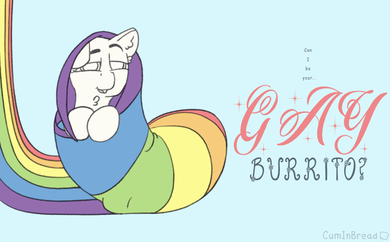 Size: 1590x986 | Tagged: suggestive, artist:cuminbread, derpibooru import, oc, fluffy pony, pony, animated, burrito, chest fluff, commission, ear fluff, fluffy, food, funny, gay, gif, gift art, gift wrapped, image, male, pride, pride flag, pride month, talking, talking to viewer, text, your character here