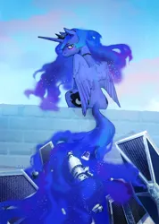 Size: 1920x2694 | Tagged: safe, artist:lusille, derpibooru import, princess luna, alicorn, pony, :i, blushing, brick wall, ethereal tail, female, image, jpeg, looking back, mare, satellite, sitting, sky, solo, star wars, starfighter, tail, tie fighter