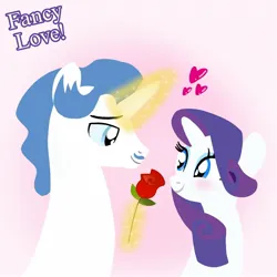 Size: 1400x1400 | Tagged: safe, artist:mlplary6, derpibooru import, fancypants, rarity, pony, unicorn, blushing, female, flower, image, jpeg, looking at each other, looking at someone, love, magic, magic aura, male, mare, raripants, romantic, rose, shipping, smiling, smiling at each other, stallion, straight, text