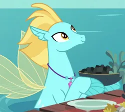 Size: 455x410 | Tagged: safe, derpibooru import, screencap, seapony (g4), surf and/or turf, bowl, cropped, female, fin wings, fins, food, g4, image, jewelry, looking up, morning horizon, necklace, ocean, outdoors, partially submerged, plate, png, smiling, solo, water, wings