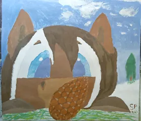 Size: 1256x1080 | Tagged: safe, artist:shitty painter, oc, oc:pine ponder, earth pony, pony, taiga pony, background, cloud, cute, gouache, image, painting, pine tree, pinecone, png, scenery, sky, snow, solo, traditional art, tree