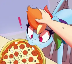 Size: 2000x1769 | Tagged: safe, artist:pabbley, derpibooru import, rainbow dash, human, pegasus, pony, behaving like a dog, cross-popping veins, emanata, exclamation point, food, funny, image, jpeg, meat, mouth hold, nom, offscreen character, pepperoni, pepperoni pizza, pizza, pony pet, pov, solo focus