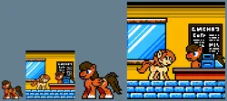 Size: 370x166 | Tagged: safe, artist:dameonschnider, artist:jitterbug-cafe, derpibooru import, oc, oc:buttermilk (jitterbug-cafe), oc:dusty (jitterbug-cafe), pony, image, pixel art, png