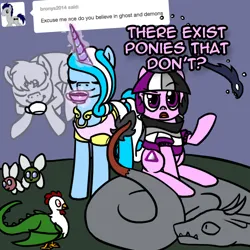 Size: 800x800 | Tagged: safe, artist:thedragenda, derpibooru import, oc, oc:ace, oc:aurora (thedragenda), cockatrice, draconequus, earth pony, ghost, parasprite, pony, undead, unicorn, ask-acepony, cup, image, magic, png, teacup