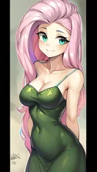 Size: 864x1536 | Tagged: safe, derpibooru import, editor:sammykun, machine learning generated, novelai, stable diffusion, fluttershy, human, equestria girls, adorasexy, ai content, breasts, busty fluttershy, clothes, cute, dress, humanized, image, long dress, long hair, looking at you, png, prompter:sammykun, reasonably sized breasts, request, requested art, sexy, shyabetes, simple background, skintight, skintight clothes, smiling