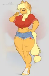 Size: 713x1100 | Tagged: safe, alternate version, artist:evehly, derpibooru import, applejack, anthro, earth pony, unguligrade anthro, abs, applebucking thighs, applejacked, breasts, busty applejack, clothes, cowboy hat, digital art, female, hat, image, jpeg, muscles, muscular female, shorts, solo, stetson, thighs, thunder thighs