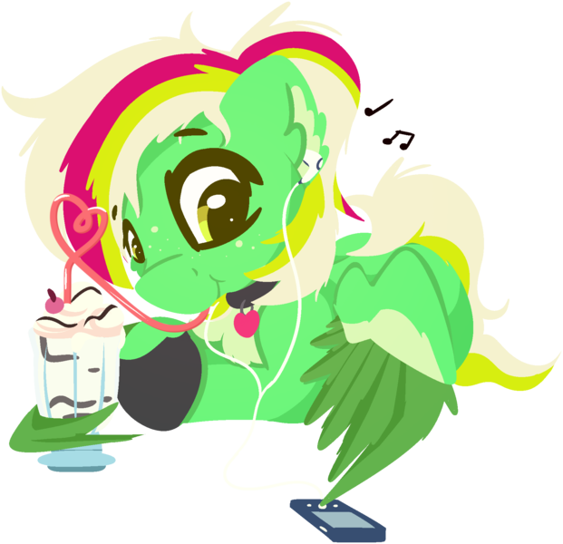 Size: 1845x1783 | Tagged: safe, artist:rhythmpixel, derpibooru import, oc, oc:gumdrops, pegasus, pony, drink, earbuds, image, ipod, milkshake, music notes, png