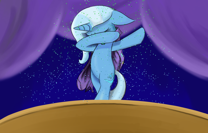 Size: 2800x1800 | Tagged: safe, artist:valeidem, derpibooru import, trixie, pony, unicorn, bipedal, cape, clothes, confetti, dab, drawthread, female, image, mare, png, solo, stage, trixie's cape