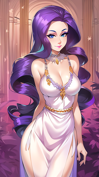 Size: 864x1536 | Tagged: safe, derpibooru import, editor:sammykun, machine learning generated, novelai, stable diffusion, fluttershy, rarity, human, ai content, breasts, busty rarity, cleavage, clothes, cute, dress, humanized, image, jewelry, long dress, long hair, looking at you, necklace, png, prompter:sammykun, request, requested art, sexy, shyabetes, smiling, solo, white dress