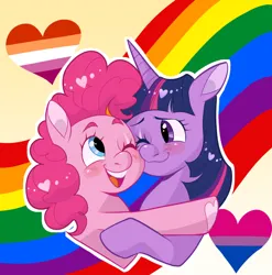 Size: 640x648 | Tagged: safe, artist:janeandjuice, derpibooru import, pinkie pie, twilight sparkle, earth pony, unicorn, bisexual pride flag, female, gay pride flag, hug, image, lesbian, lesbian pride flag, png, pride, pride flag, pride month, shipping, twinkie