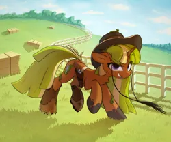 Size: 2000x1667 | Tagged: safe, artist:o0o-bittersweet-o0o, derpibooru import, oc, oc:slug tails, slug, unicorn, belt, boots, clothes, commission, cowboy boots, cowboy hat, female, fence, field, grass, grin, gun, handgun, hat, hay bale, image, looking at you, pistol, png, raised hoof, revolver, scenery, shoes, sky, smiling, solo, standing, weapon