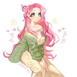 Size: 1280x1280 | Tagged: safe, artist:aten0va, derpibooru import, fluttershy, butterfly, human, insect, clothes, deviantart watermark, dress, female, heart, humanized, image, jpeg, obtrusive watermark, signature, simple background, smiling, solo, sweater, watermark, white background