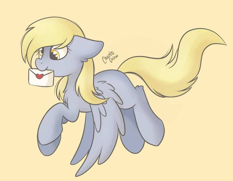 Size: 1080x837 | Tagged: safe, artist:chaoticcr0w, artist:nathegar, derpibooru import, derpy hooves, pegasus, pony, cute, derp, derpabetes, flying, image, jpeg, letter, mailmare, mouth hold, signature, simple background, solo, yellow background