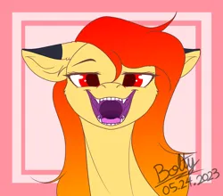 Size: 2801x2461 | Tagged: safe, artist:lightning bolty, derpibooru import, oc, oc:scarlet bolty, abstract background, colored, fangs, flat colors, gradient mane, image, mawshot, open mouth, png, purple mouth, red eyes, relaxed eyes, signature, smug face