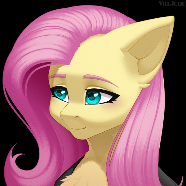 Size: 1024x1024 | Tagged: safe, artist:villjulie, derpibooru import, fluttershy, pegasus, pony, black background, bust, chest fluff, clothes, female, image, mare, png, portrait, simple background, smiling, solo