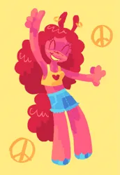 Size: 1093x1590 | Tagged: safe, artist:webkinzworldz, derpibooru import, pinkie pie, anthro, earth pony, pony, bra, clothes, colored hooves, crop top bra, denim, denim shorts, ear piercing, earring, eyes closed, image, jewelry, peace sign, peace symbol, piercing, png, pony ears, shorts, simple background, smiling, solo, underwear, yellow background