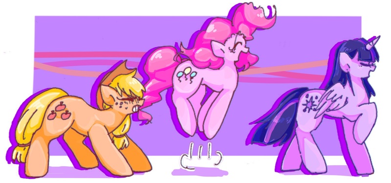 Size: 1691x794 | Tagged: safe, artist:xp_r6, derpibooru import, applejack, pinkie pie, twilight sparkle, twilight sparkle (alicorn), alicorn, earth pony, pony, biting, image, jpeg, pronking, raised hoof, tail, tail bite, trio