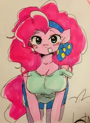 Size: 2405x3264 | Tagged: safe, artist:xp_r6, derpibooru import, pinkie pie, anthro, earth pony, breasts, busty pinkie pie, clothes, female, headband, image, jpeg, leaning forward, off shoulder, solo, traditional art