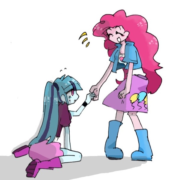 Size: 602x609 | Tagged: safe, artist:xp_r6, derpibooru import, pinkie pie, sonata dusk, human, equestria girls, duo, emanata, female, helping, image, jpeg, smiling