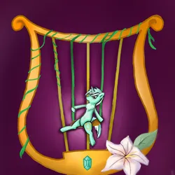 Size: 1280x1280 | Tagged: safe, artist:katy_moonlight, derpibooru import, lyra heartstrings, pony, unicorn, chest fluff, flower, image, lyre, musical instrument, png, simple background, solo, swing