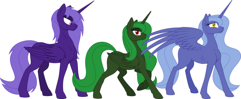 Size: 5551x2285 | Tagged: source needed, safe, artist:grypher, alicorn, pony, fallout equestria, artificial alicorn, blue alicorn (fo:e), female, folded wings, green alicorn (fo:e), image, looking at you, png, purple alicorn (fo:e), simple background, spread wings, transparent background, trio, wings