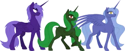 Size: 5551x2285 | Tagged: source needed, safe, artist:grypher, alicorn, pony, fallout equestria, artificial alicorn, blue alicorn (fo:e), female, folded wings, green alicorn (fo:e), image, looking at you, png, purple alicorn (fo:e), simple background, spread wings, transparent background, trio, wings