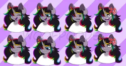 Size: 2680x1400 | Tagged: safe, artist:woofpoods, derpibooru import, oc, oc:strobestress, anthro, pony, unicorn, angry, calm, confused, excited, female, happy, image, long mane, mare, multicolored hair, photo, png, purple background, purple hair, rainbow hair, scared, simple background, solo, stripes, twitch, vtuber