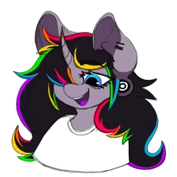 Size: 700x700 | Tagged: safe, artist:woofpoods, derpibooru import, oc, oc:strobestress, anthro, unicorn, clothes, ear piercing, gauges, happy, image, multicolored hair, piercing, png, purple tongue, rainbow hair, shirt, smiling, solo, t-shirt, vtuber