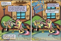 Size: 540x358 | Tagged: safe, derpibooru import, idw, discord, fluttershy, draconequus, pegasus, couch, fluttershy's cottage, image, implied princess luna, jpeg, knocking