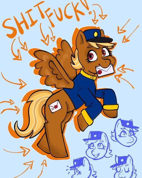 Size: 1080x1350 | Tagged: safe, artist:crafty_c0smic, derpibooru import, pegasus, pony, arrow, blonde, blue background, clothes, female, forced meme, hat, image, jpeg, letter, mare, meme, mouth hold, red eyes, shitfuck meme, simple background, solo, spread wings, swift reply, uniform, vulgar, wings