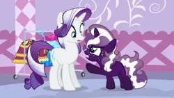 Size: 1280x720 | Tagged: safe, artist:scribblyfandoms7, derpibooru import, edit, edited screencap, screencap, rarity, oc, oc:black diamond, pony, unicorn, for whom the sweetie belle toils, carousel boutique, character swap, duo, female, filly, foal, freckles, image, magical lesbian spawn, mare, mother and child, mother and daughter, offspring, parent:applejack, parent:rarity, parents:rarijack, png, pointing