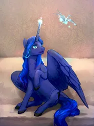Size: 1280x1707 | Tagged: safe, artist:lusille, derpibooru import, princess luna, alicorn, pony, fanfic:moon rise, belly, couch, ethereal mane, ethereal tail, fanfic art, female, glow, glowing horn, horn, image, jpeg, large wings, magic, magic aura, mare, origami, partially open wings, raised hoof, smiling, solo, spread wings, sternocleidomastoid, tail, telekinesis, unshorn fetlocks, wings